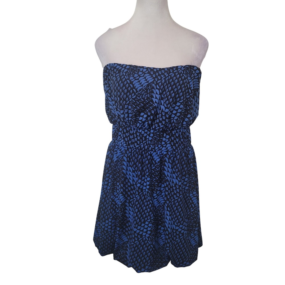 Banana Republic Small Strapless Dress‎ Womens Blue Black Abstract Smocked Mini